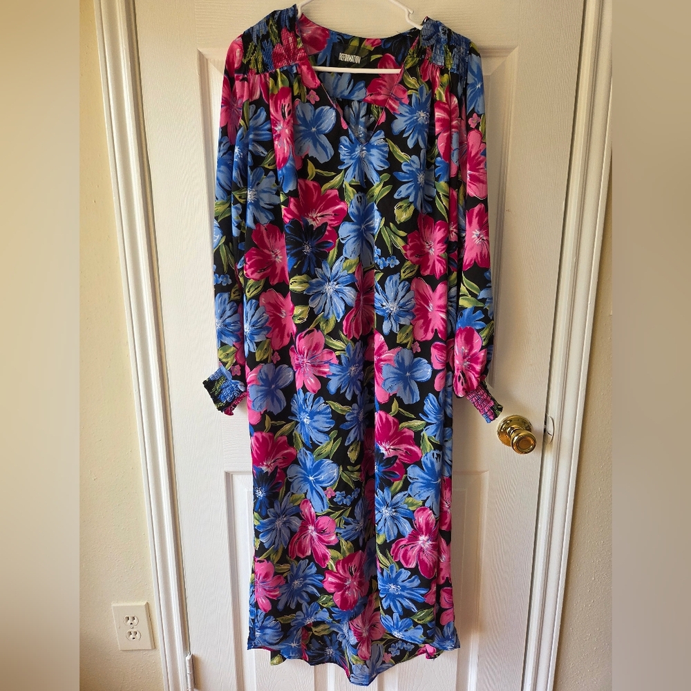 Reformation Maxi Dress M Floral Long Sleeves Pink and Blue